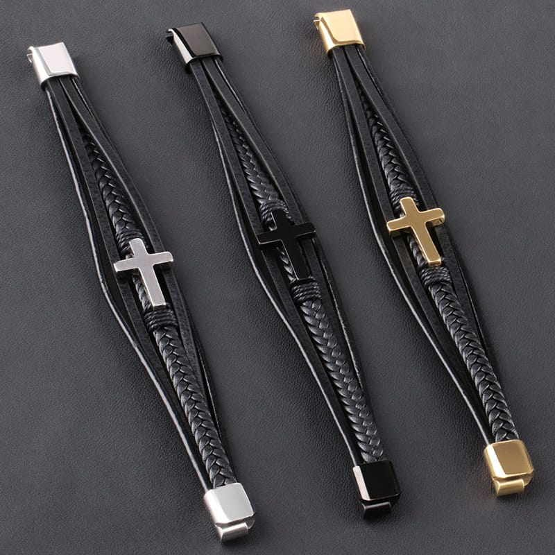 Bratara-barbati-piele-naturala-negru-auriu-Cross1
