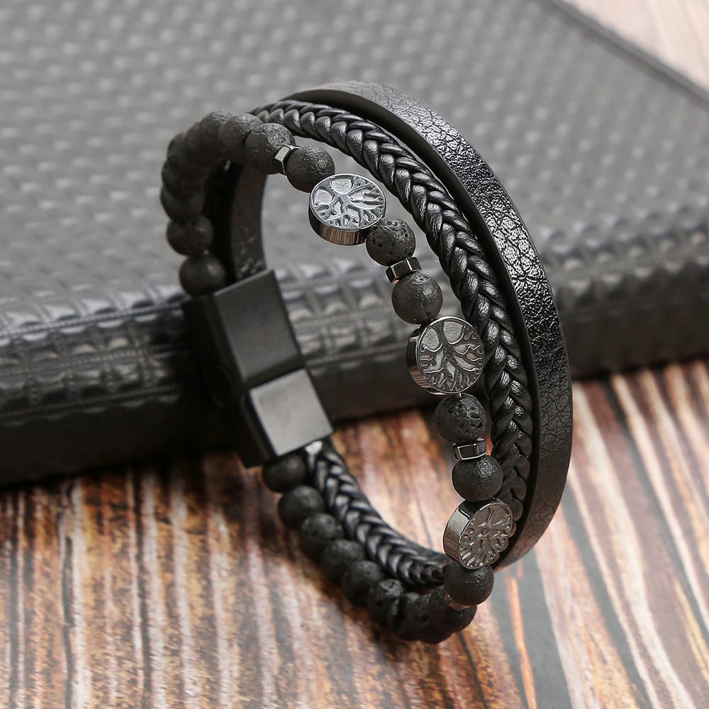 Bratara-barbati-piele-naturala-negru-Tree