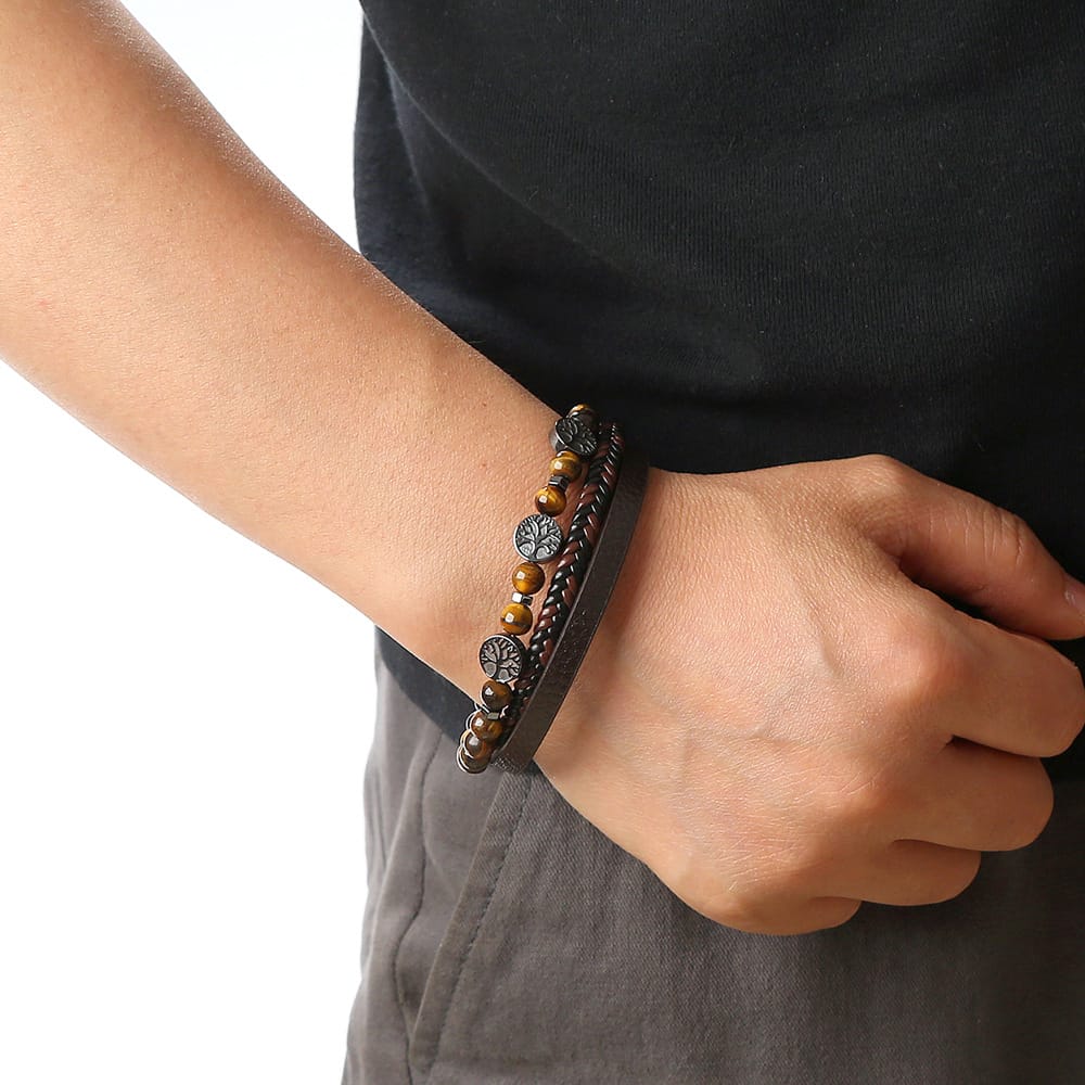 Bratara-barbati-piele-naturala-negru-maro-Tree2