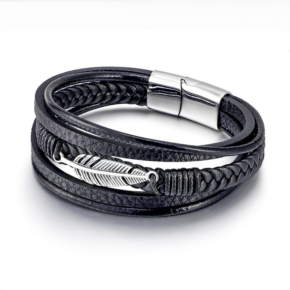 Bratara-barbati-piele-naturala-negru-Frunza1