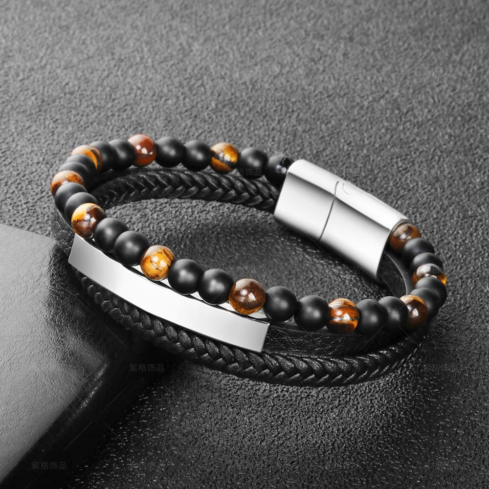 Bratara-barbati-piele-naturala-negru-argintiu-Rory1