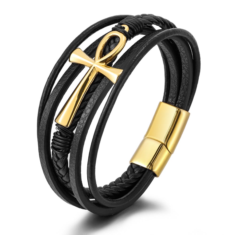 Bratara-barbati-piele-naturala-negru-auriu-Cruce