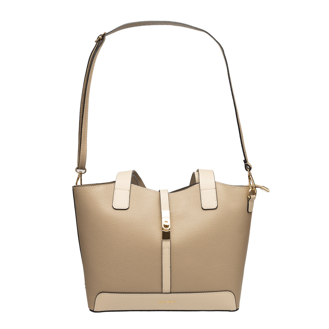 Damenhandtasche aus beigefarbenem Taupe-Nappaleder Sorina
