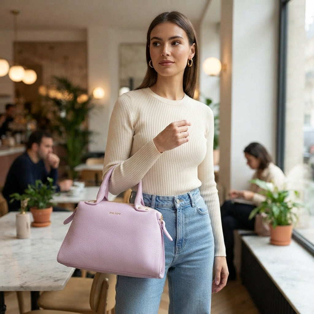 Geanta dama din piele naturala roz deschis Nicoleta